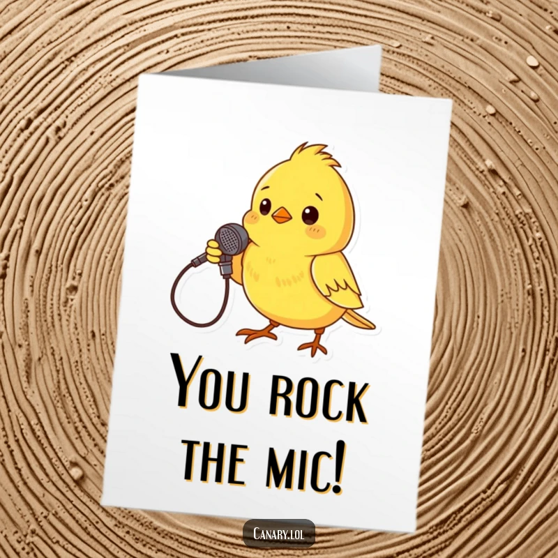 Funny Free Printable Congratulations Card: A tiny canary holds a twig like a microphone, celebrating a successful performance.