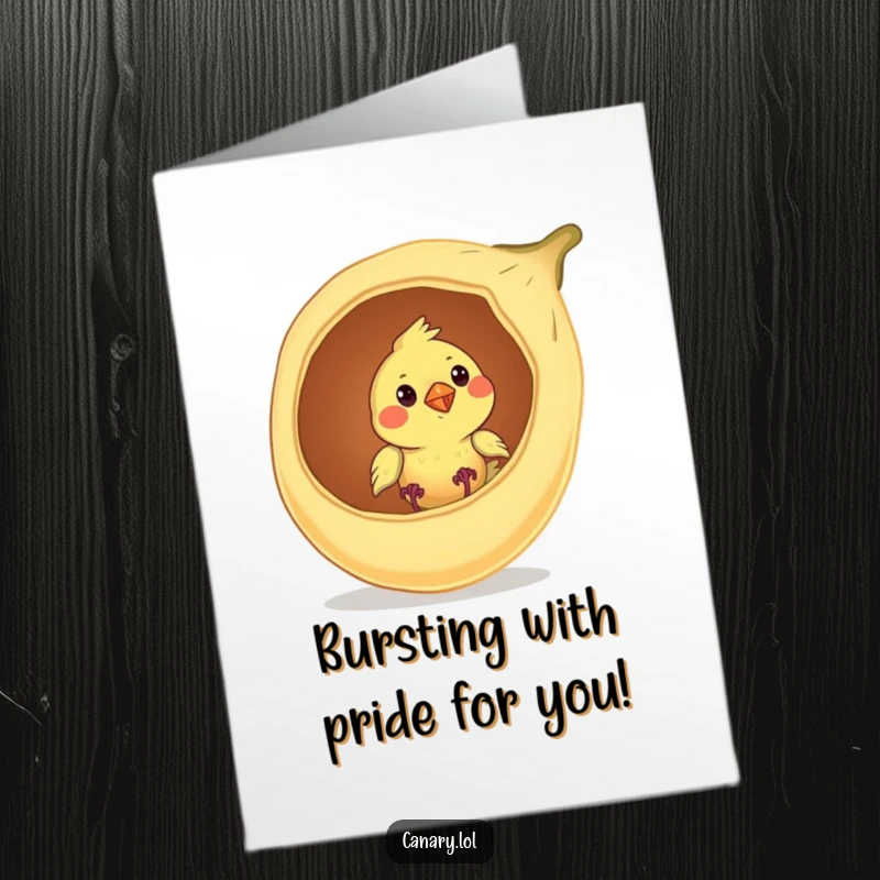 Funny Free Printable Congratulations Card: Curious canary bird emerging from a seed pod, a cute downloadable gift.