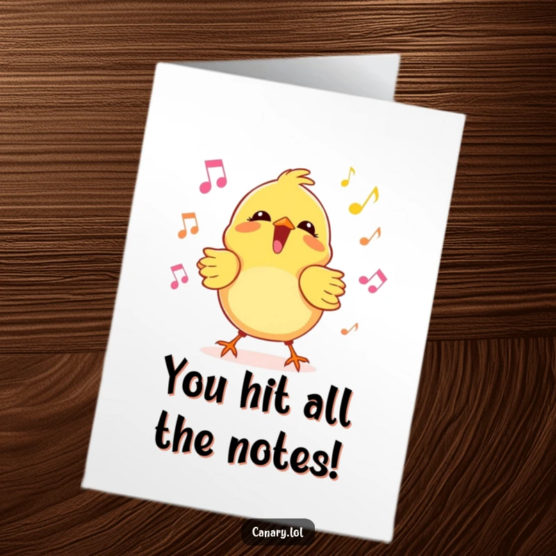 Funny free printable congratulations card showing a kawaii canary bird singing happily with musical notes swirling around it in celebration.