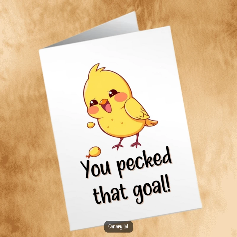 Funny free printable congratulations card featuring a kawaii canary bird excitedly pecking at a tiny seed, celebrating a small win.