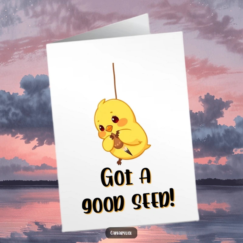 Funny Free Printable Congratulations Card: Bright yellow canary playfully pecking at a dangling seed, enjoying its reward.