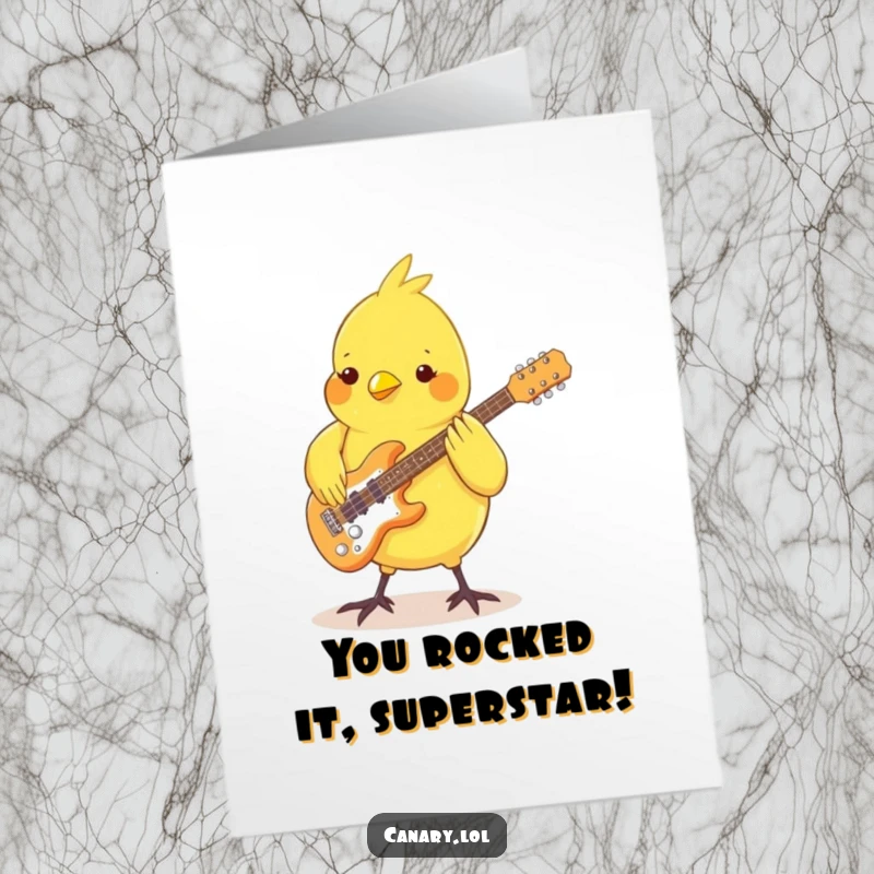 Funny Free Printable Congratulations Card: A canary plays a miniature guitar, celebrating success with a groovy tune.