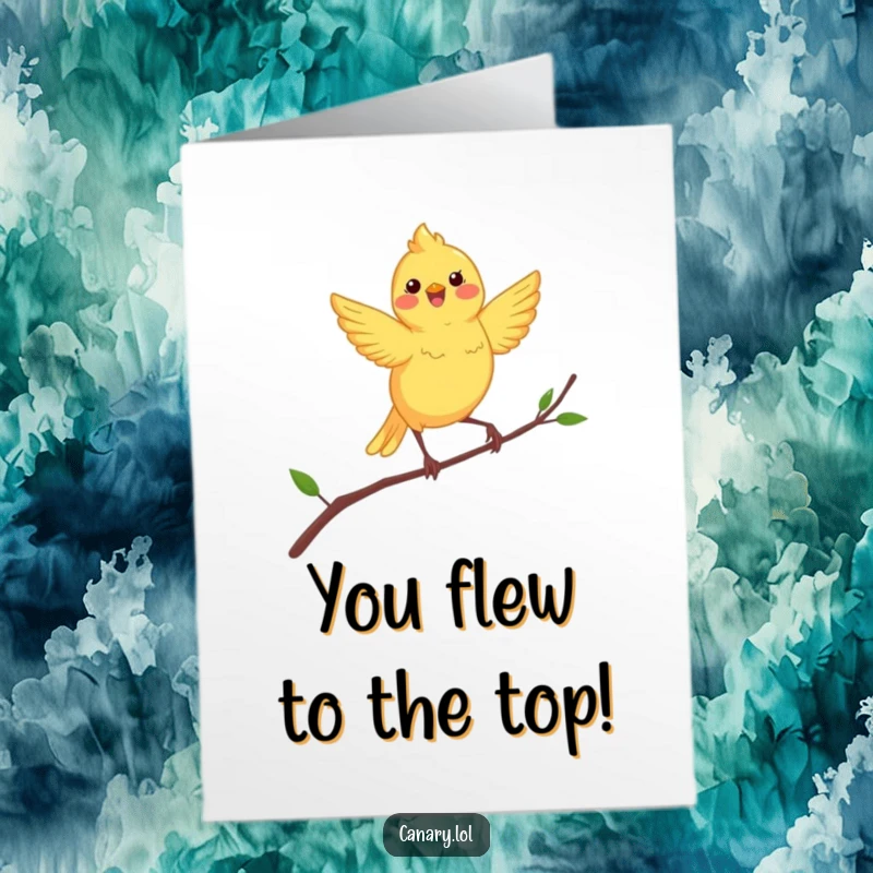 Funny free printable congratulations card showing a giddy canary bird joyfully dancing high on a thin, wobbly branch.