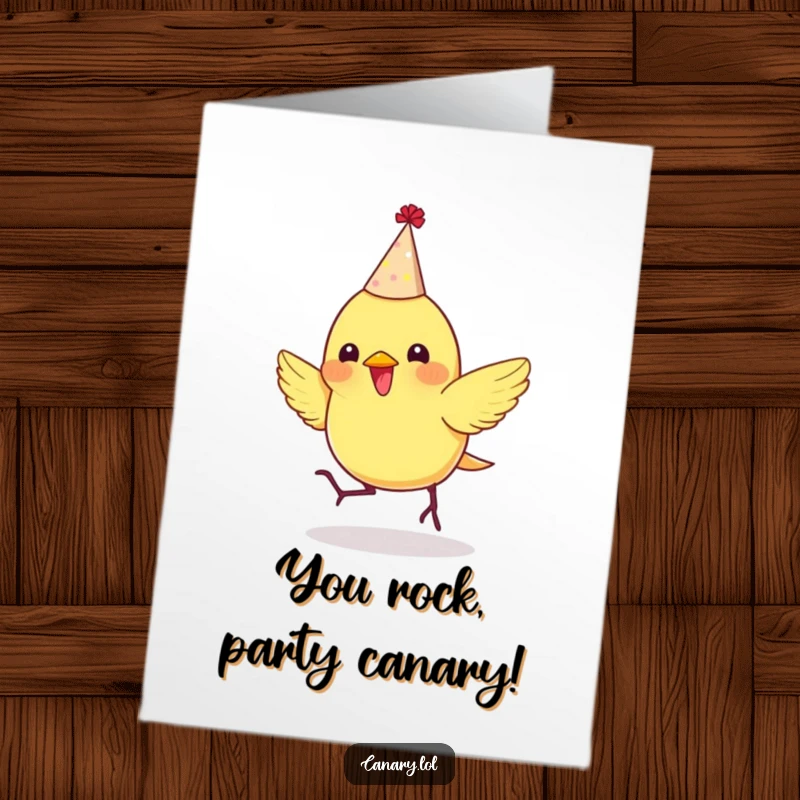 Funny Free Printable Congratulations Card: A canary in a party hat bounces with enthusiastic congratulations.