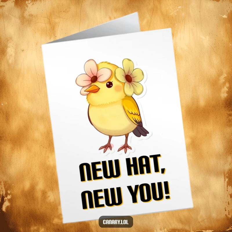 Funny Free Printable Congrats Card: Small canary bird comically trying to wear a flower as a jaunty, fashionable hat.