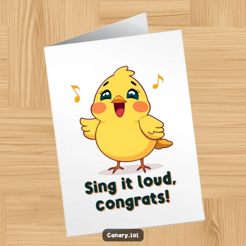 Funny Free Printable Congratulations Card: Cheerful canary bird puffing its chest out while singing.