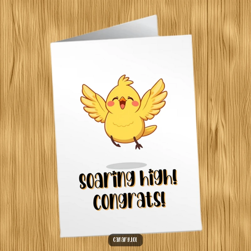 Free Printable Congratulations Card: A cheerful canary bird spreads its wings and takes a big, happy leap, celebrating victory.