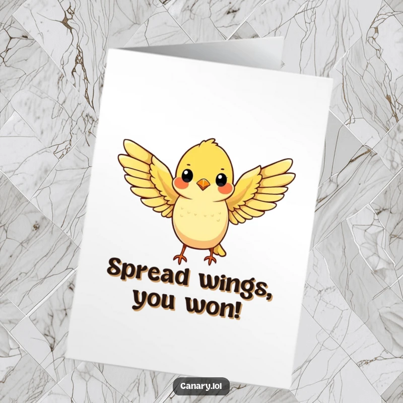 Funny Free Printable Congrats Card: A cheerful canary stretching its wings wide, embarking on a journey.