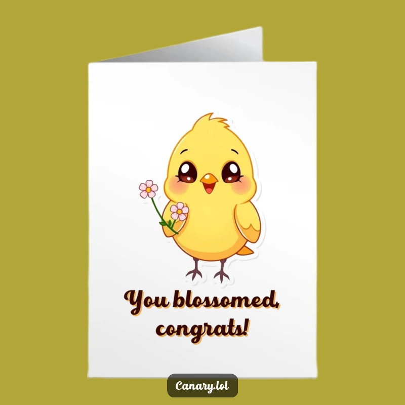 Free Printable Congrats Card: Happy Canary Offering Flower, Sweet Downloadable Gift!