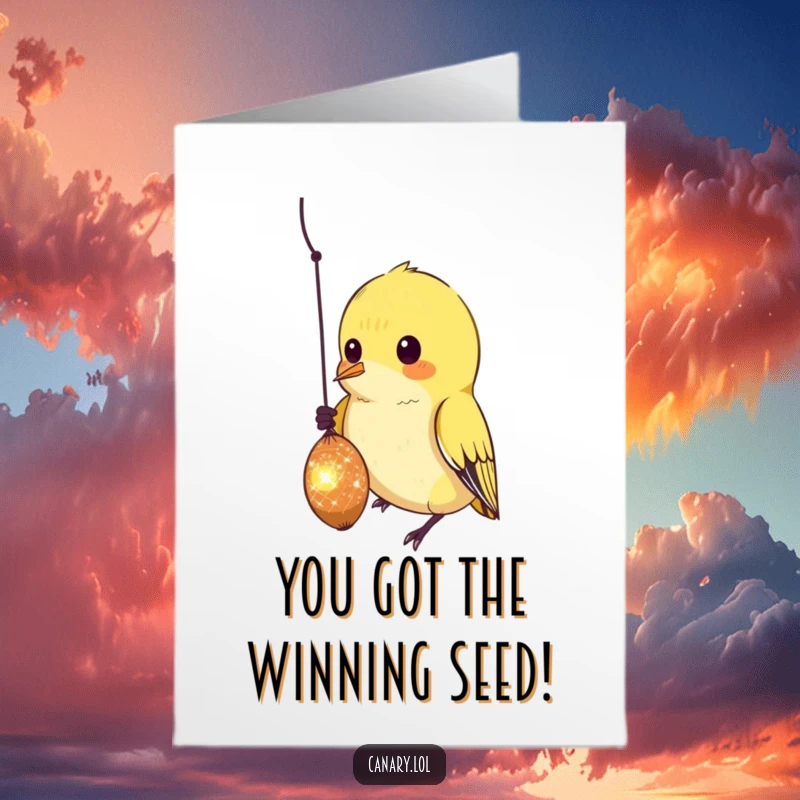 Funny free printable congratulations card: A focused canary is captured mid-peck at a tiny, enticingly sparkling seed.