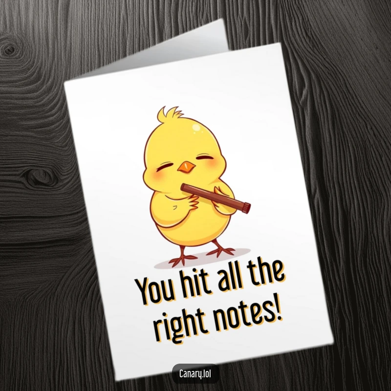 Funny Free Printable Congratulations Card showing a blissful canary playing a tiny flute with eyes closed.