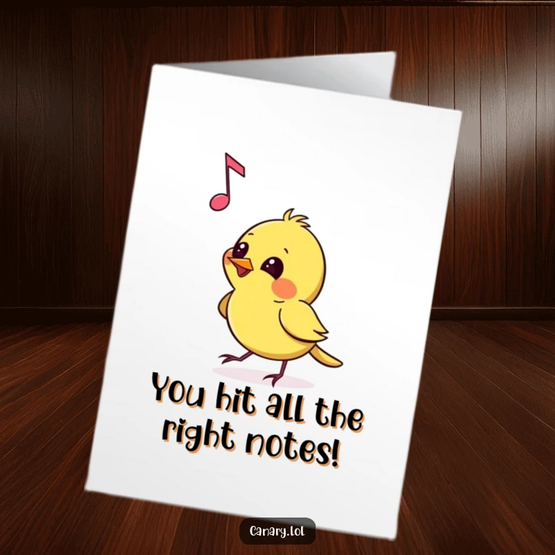 Funny Free Printable Congratulations Card: A canary playfully pecking at a musical note, embodying triumphant, mischievous glee.