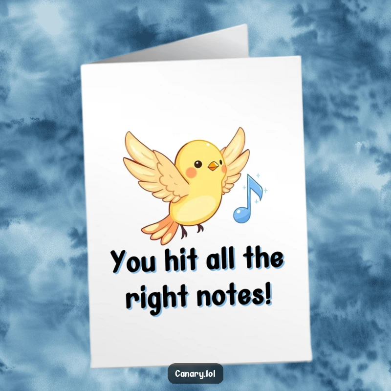 Funny Free Printable Congrats Card: A joyful canary hovers near a sparkling musical note, celebrating success with a triumphant song.