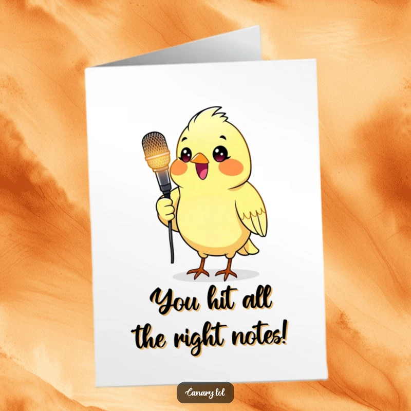 Funny Free Printable Congratulations Card featuring a delighted canary bird holding a glowing microphone.