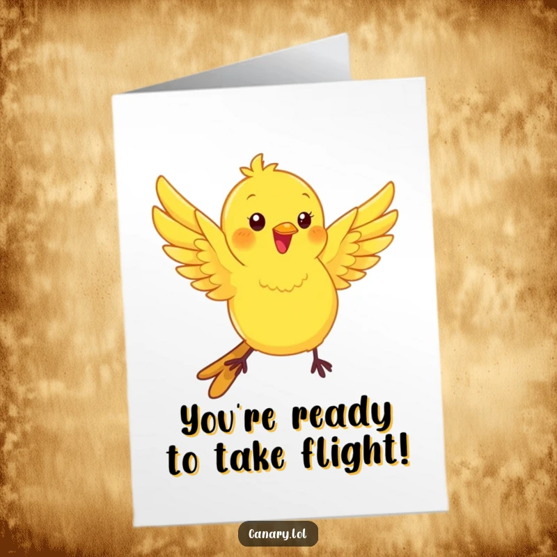 Funny Free Printable Congrats Card: Kawaii canary bird flutters wings with playful energy for congratulations.