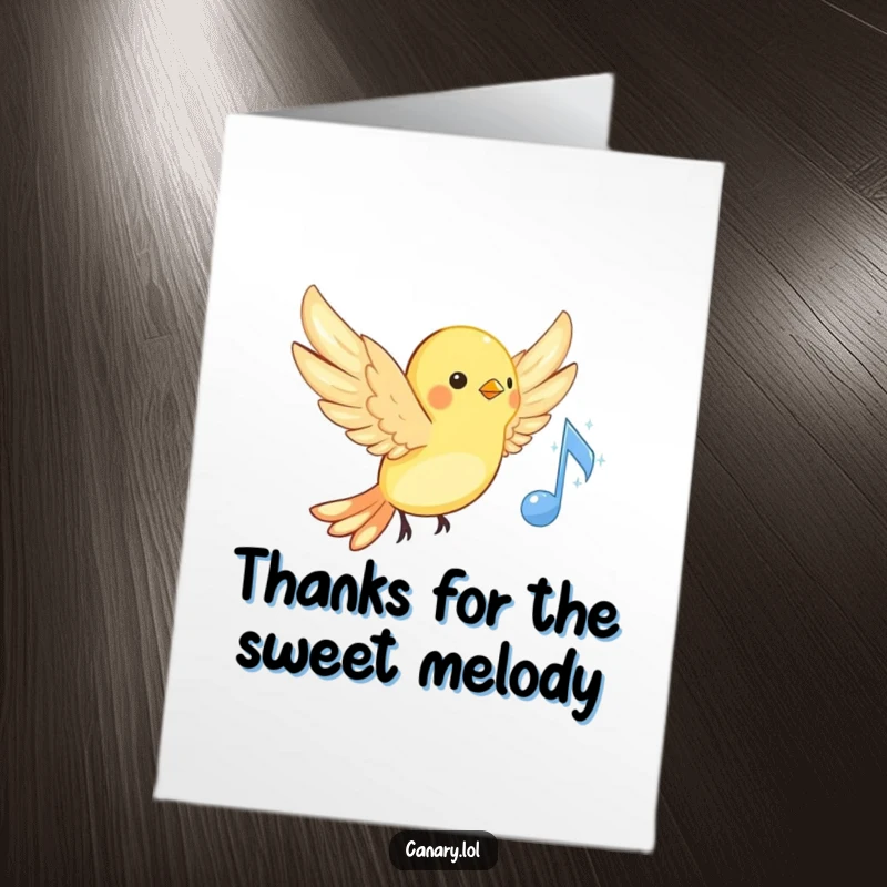 Funny Free Printable Thank You Card: A happy canary spreads its wings near a sparkling musical note, conveying musical thanks.
