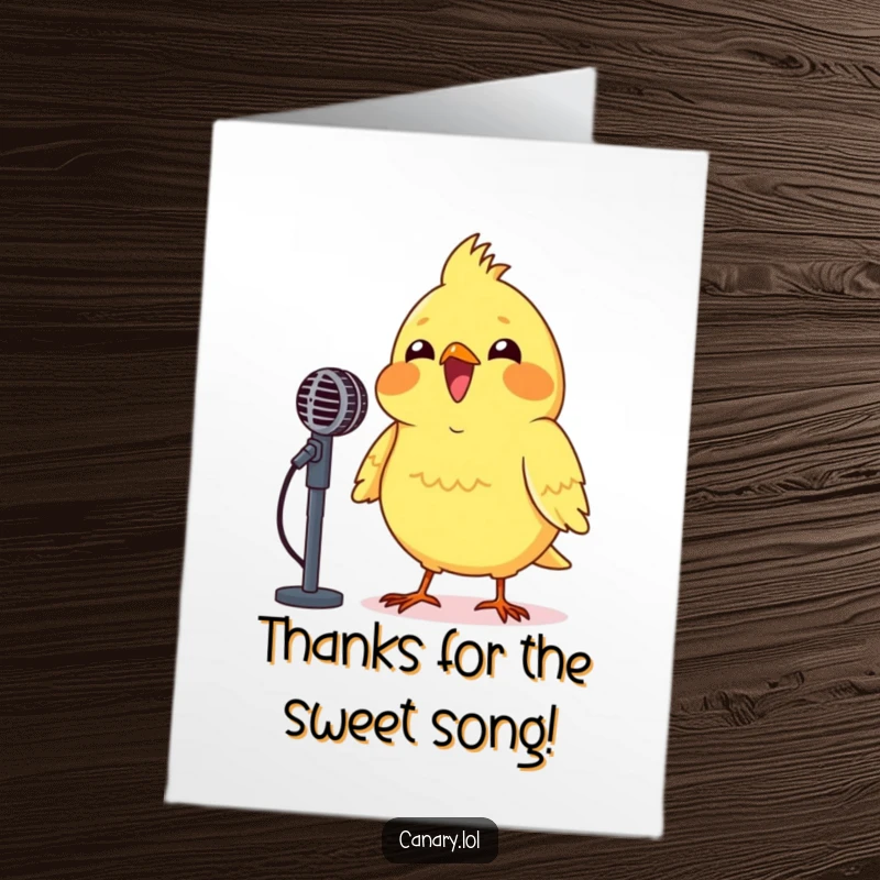 Funny free printable thank you card: A canary beaming, enthusiastically singing into a tiny microphone to express thanks. DIY gift.