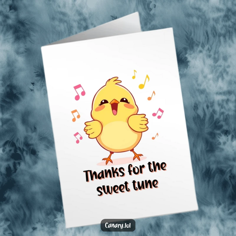 Funny free printable thank you card with a kawaii canary bird singing a joyful tune, surrounded by lovely musical notes.