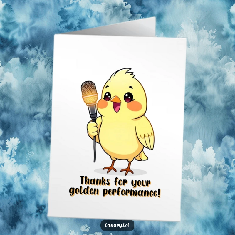 Funny Free Printable Thank You Card of a delighted canary bird holding a glowing microphone.