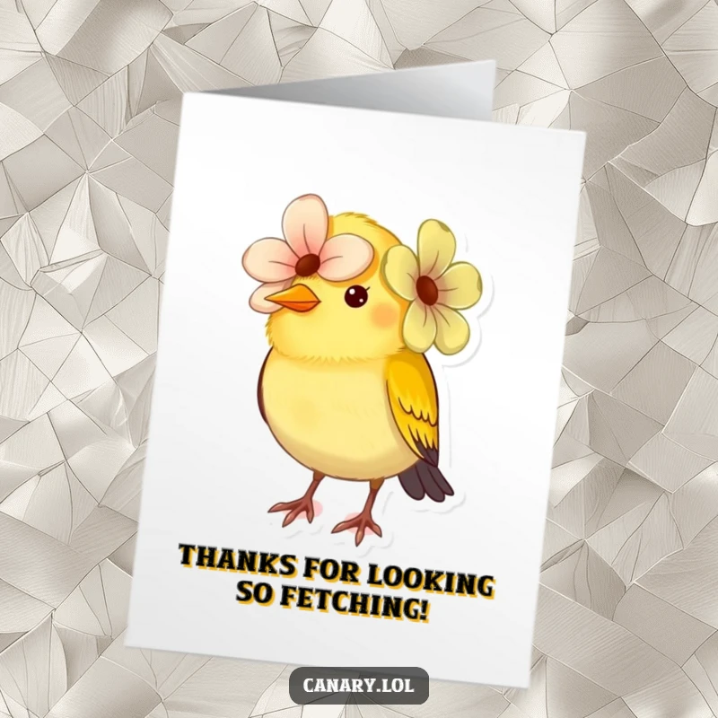 Funny Free Printable Thank You Card: Small canary bird comically trying to wear a flower as a delightful, quirky hat.