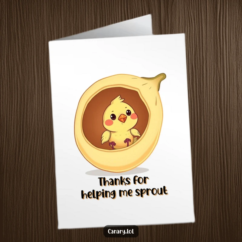 Funny Free Printable Thank You Card: Curious canary bird peeking from a large seed pod, a sweet downloadable gift.