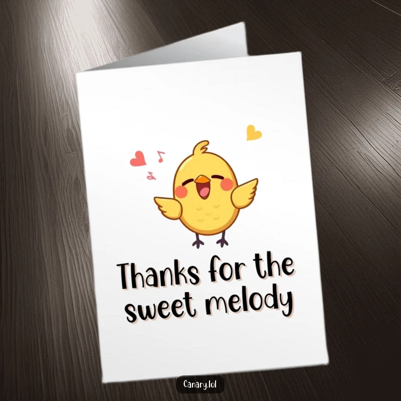 Funny Free Printable Thank You Card: A small yellow bird is joyfully singing with its beak wide open, conveying thanks.