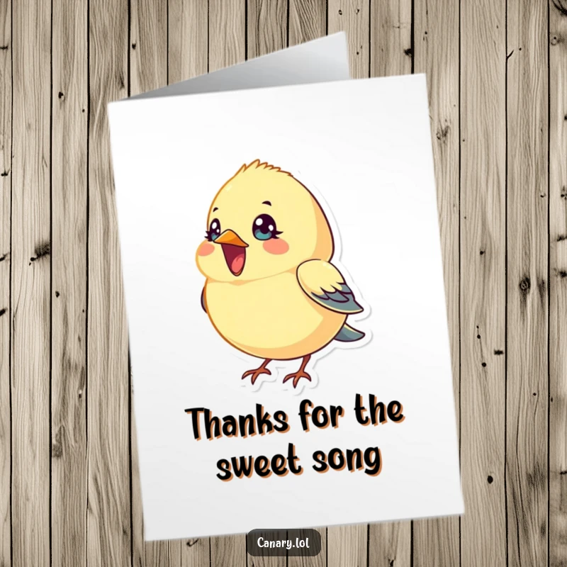 Free Printable Thank You Card: A tiny, bright-eyed canary bird sings happily, beak open, conveying heartfelt thanks.