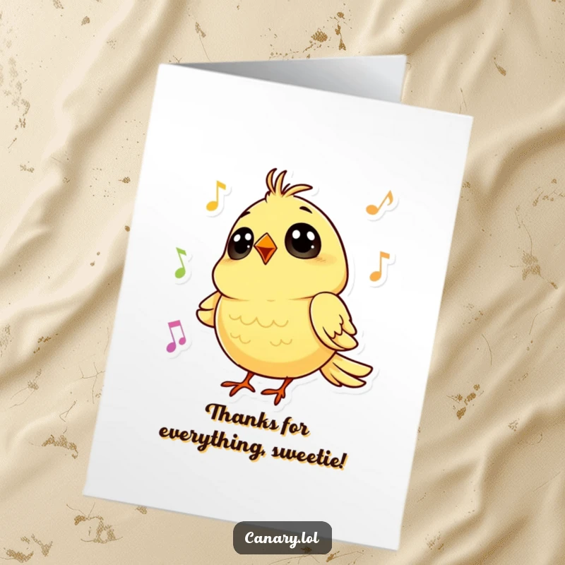 Funny Free Printable Thank You Card: A tiny canary with big, round eyes sings a cheerful tune of thanks.