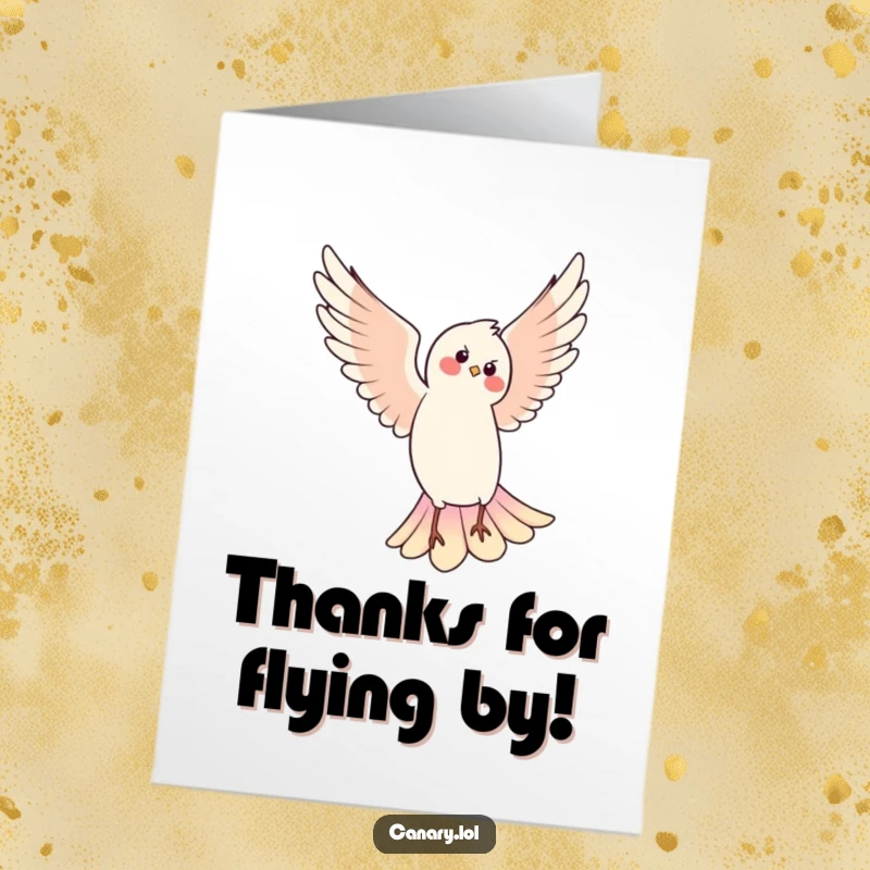 Funny Free Printable Thank You Card: A bird in mid-air pirouette expresses gratitude with a whimsical and joyful dance.