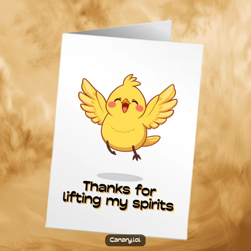 Free Printable Thank You Card: A cheerful canary bird with outstretched wings takes a happy leap, symbolizing heartfelt thanks.