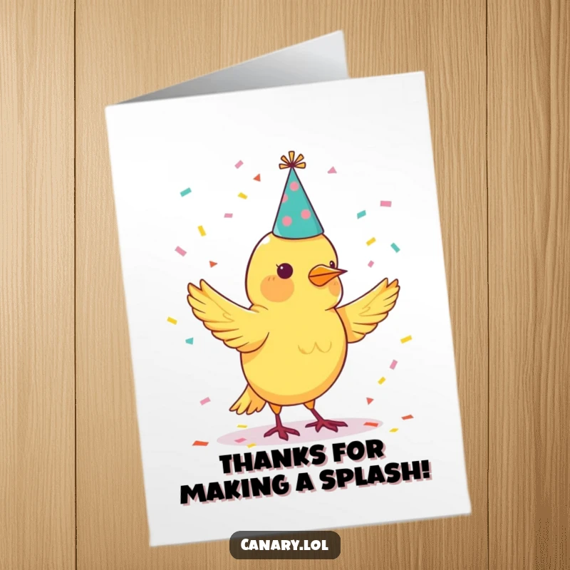 Funny Free Printable Thank You Card of a canary bird wearing a party hat juggling confetti.