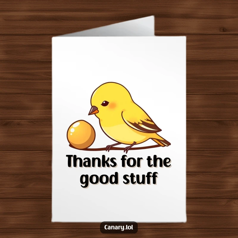 Free Printable Thank You Card: A small canary bird enthusiastically pecks at a shiny seed, a symbol of appreciation.