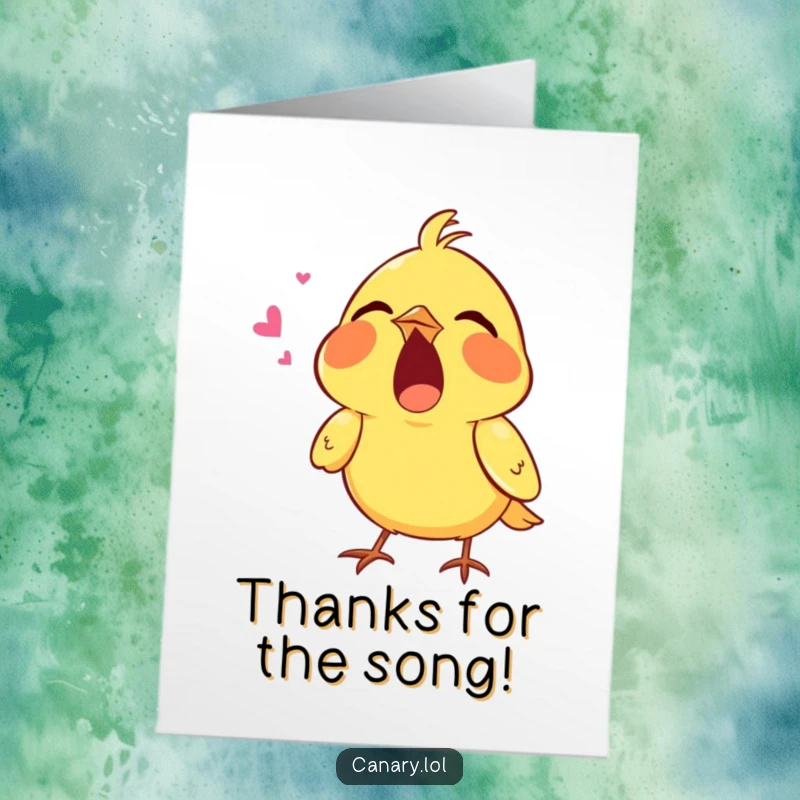 Free Printable Thank You Card featuring a tiny canary singing with all its might, conveying gratitude through joyful song.