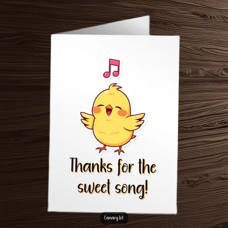 Funny Free Printable Thank You Card: A cheerful canary singing a loud song, a musical note visible above its head.