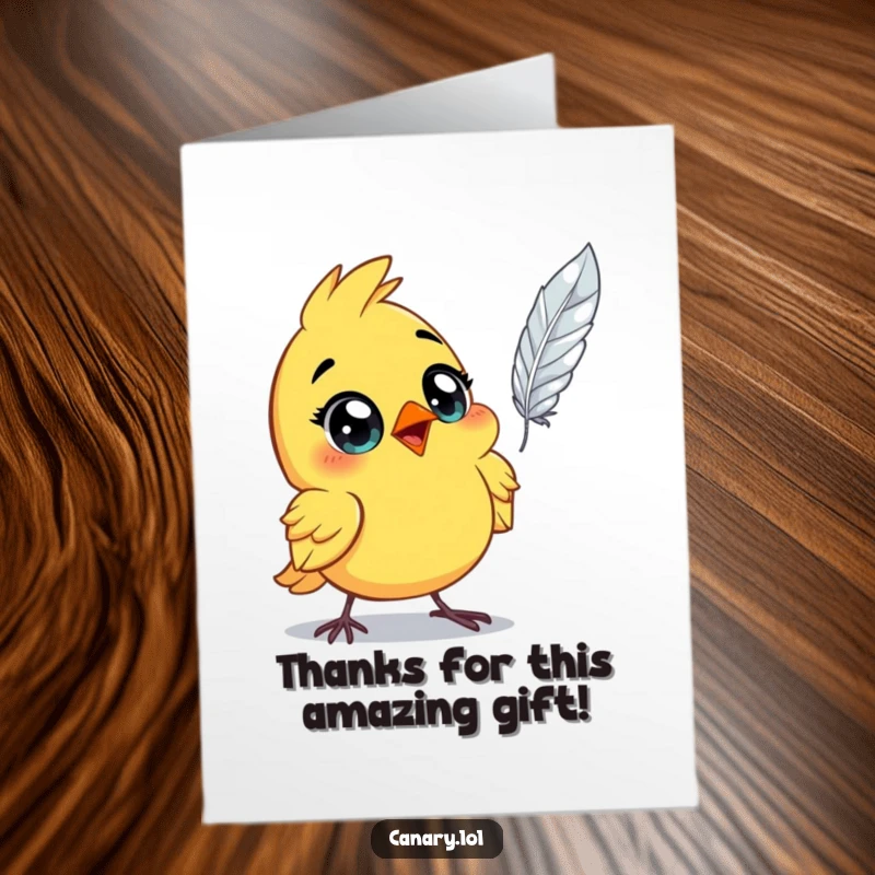 Funny Free Printable Thank You Card: Astonished canary bird with wide eyes, fixated on a single feather gently floating.