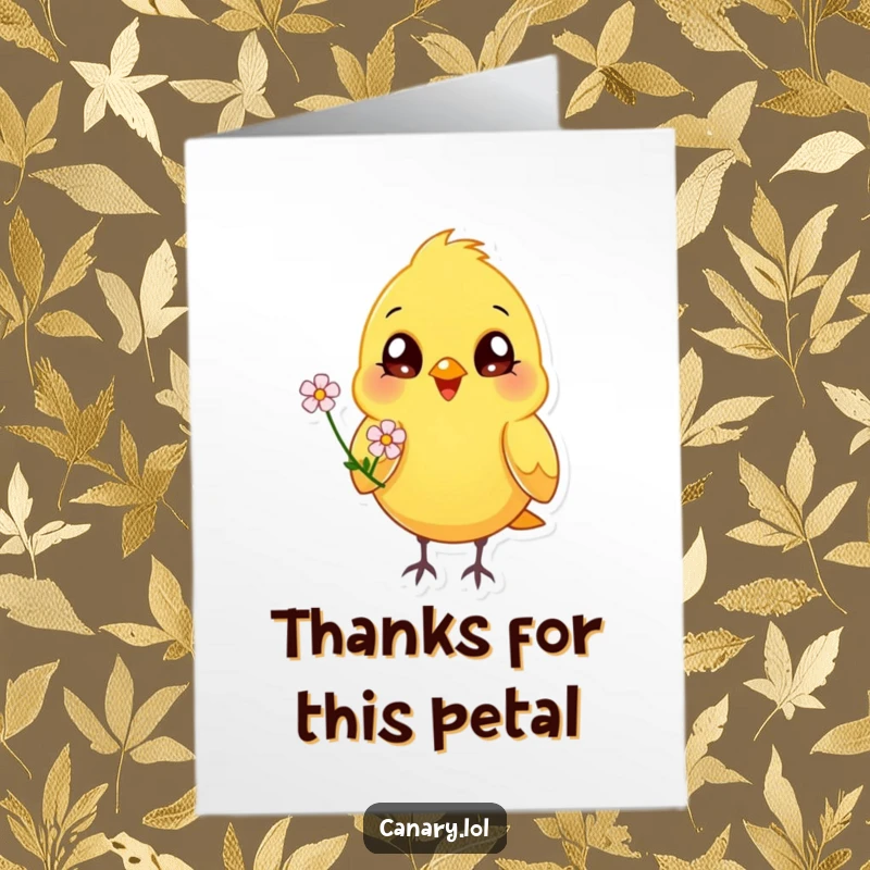 Funny Free Printable Thank You Card: Happy canary bird with bright eyes holding a tiny flower, a kind downloadable gift.