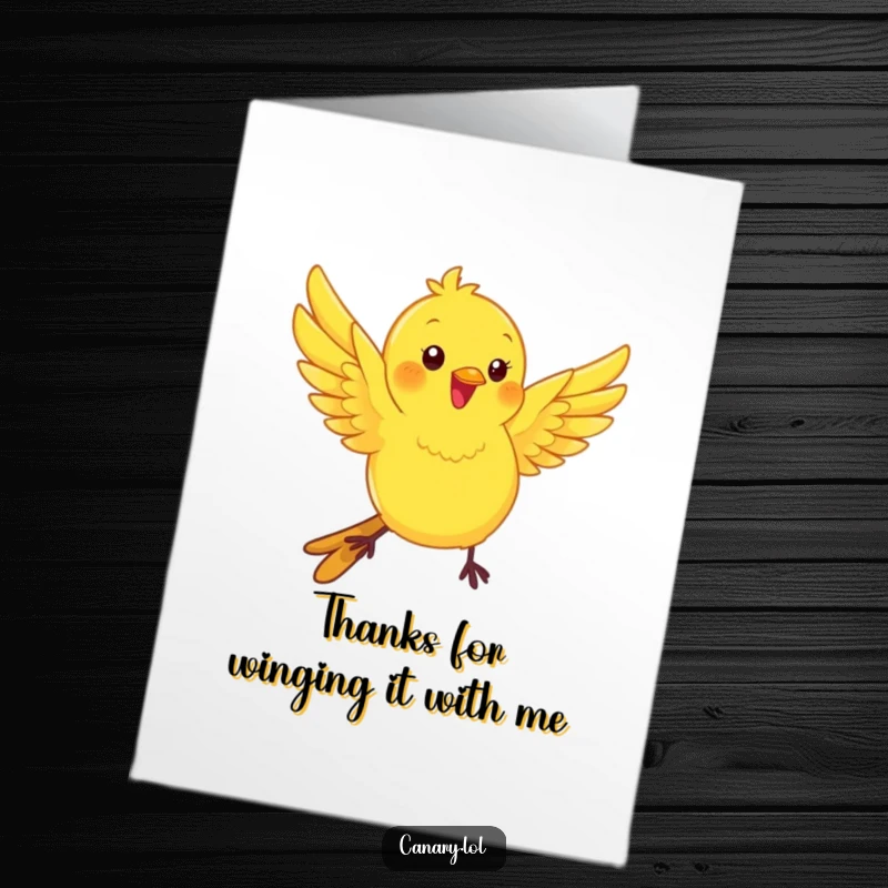 Funny Free Printable Thank You Card: Kawaii canary bird flutters wings playfully to express gratitude.