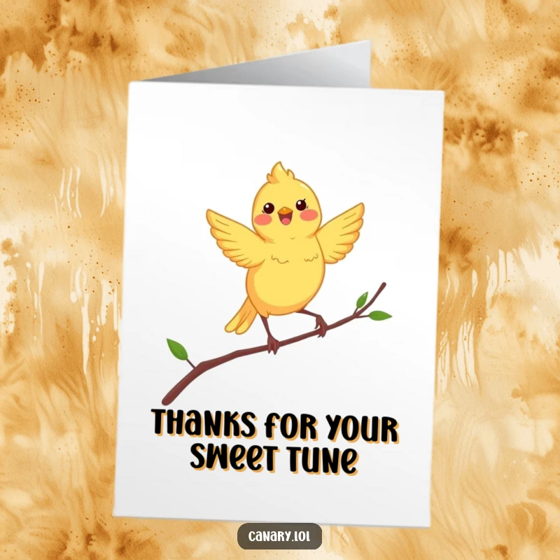 Funny free printable thank you card depicting a wildly happy canary bird performing a spirited dance on a flexible branch.