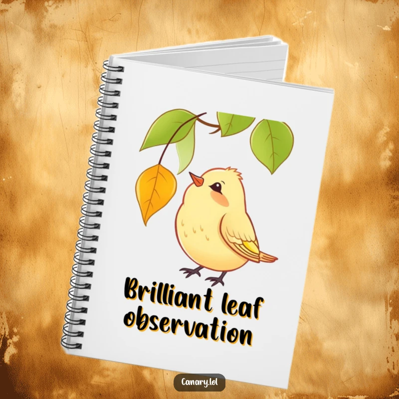 Funny Notebook cover with a yellow canary humorously tilting its head to observe a falling red leaf, suitable for creative writing.