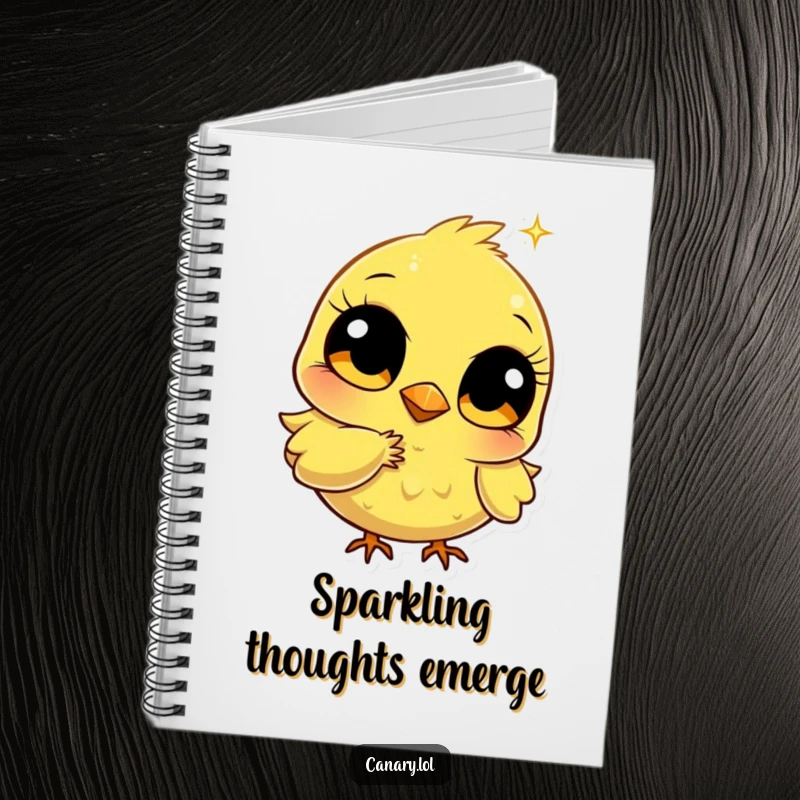 Funny stylized canary notebook with big bright eyes pecking a golden sparkle, perfect for jotting down ideas with a humorous, sparkling flair.