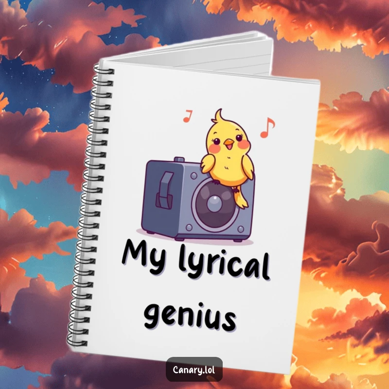 Funny notebook adorned with a cheerful canary bird bobbing its head to music on a speaker, great for jotting down ideas.