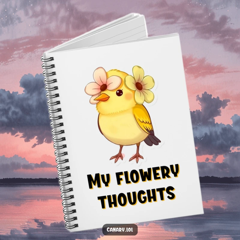 Funny small canary bird notebook, comically wearing a flower as a hat, looking a bit tilted. Great for journaling and creative writing.