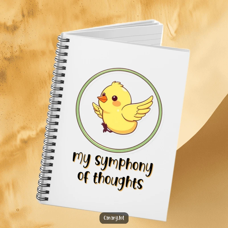 Funny notebook cover with a cheerful canary in mid-loop, wings flapping with glee, inspiring creative thoughts and happy notes.