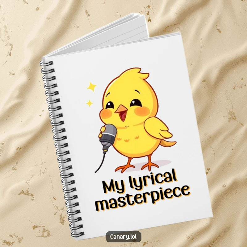 Funny notebook cover with a canary bird holding a tiny microphone and singing, ready for lyrical inspiration.