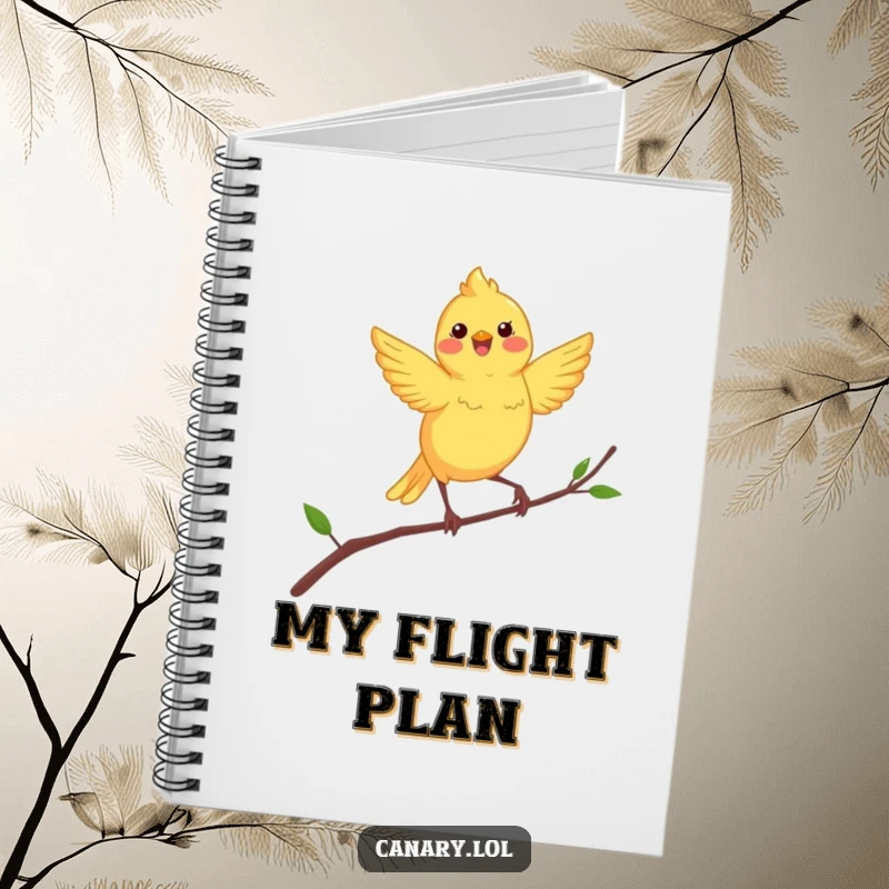Funny canary notebook cover art: a happy yellow bird performing an energetic dance on a swaying tree branch.