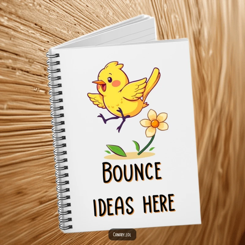 Funny notebook cover featuring an energetic yellow canary joyfully bouncing on a spring flower, ready for your notes.