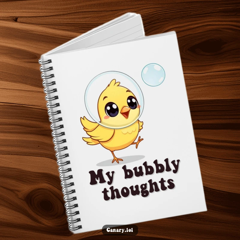 Funny canary bird notebook, joyful eyes, chasing a floating soap bubble, perfect for happy notes.