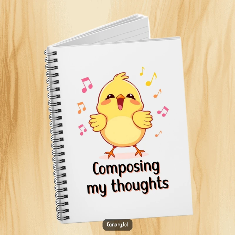 Funny kawaii canary notebook featuring a bird singing joyfully with musical notes, ideal for journaling creative ideas.
