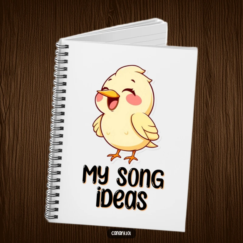 Funny kawaii canary bird notebook, wide happy smile, singing a very high musical note. Ideal for journaling and creative writing.