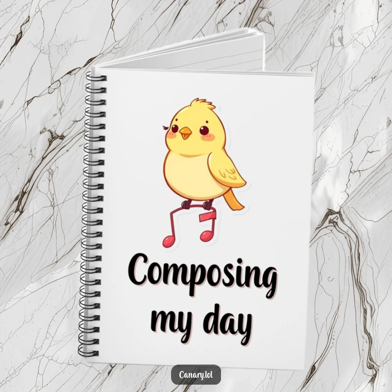 Funny canary notebook cover: a content yellow bird resting on a miniature musical note, looking pleased.